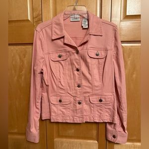 Villager by Liz Claiborne Denim Jacket Womens 10 Peach Pink Button Up Stretch